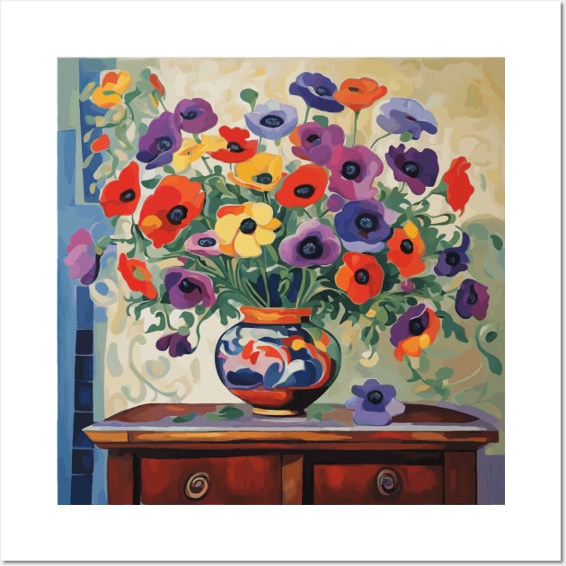 Anemones in a Colorful Vase Modern Still Life Painting After Matisse Wall Art by bragova